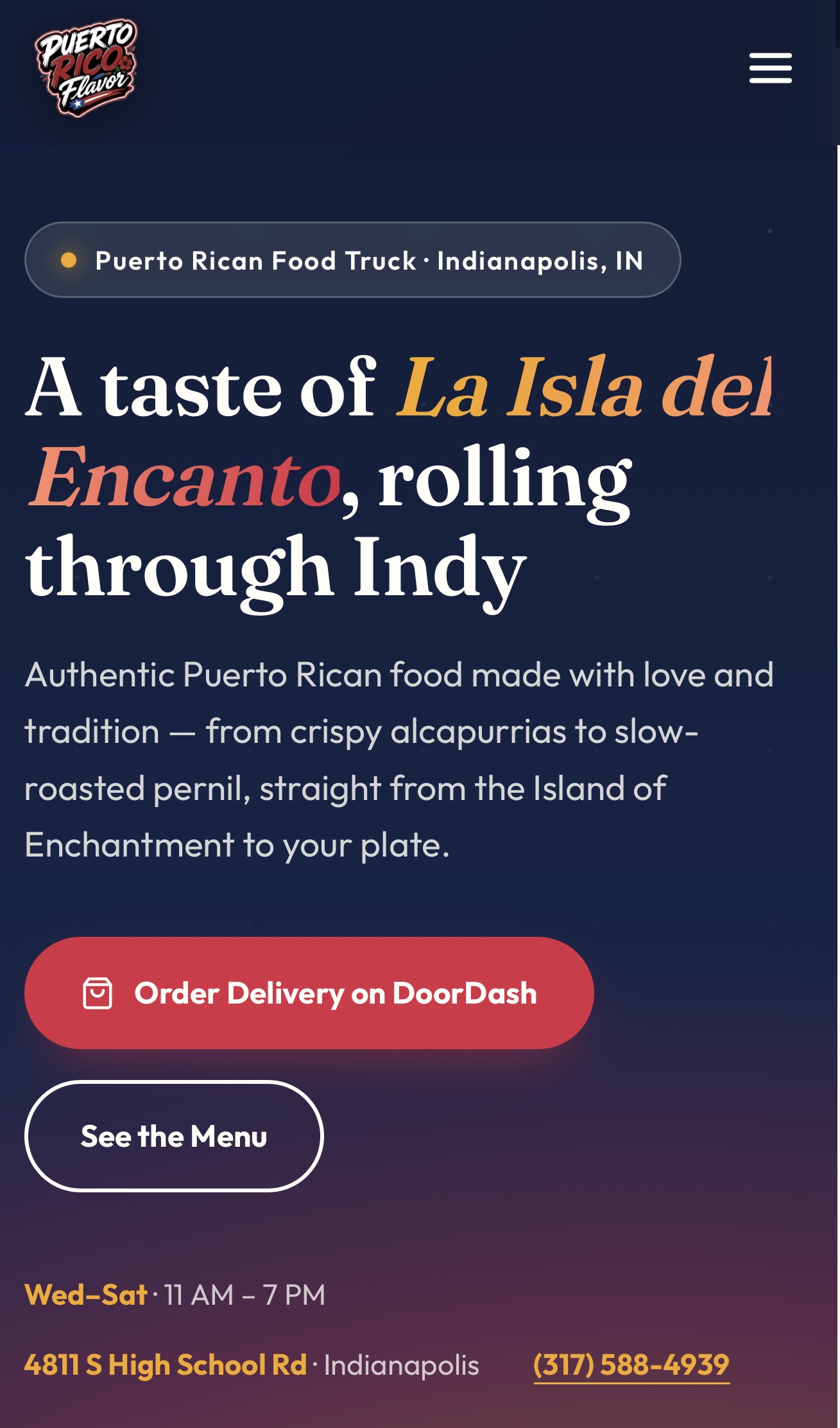 prflavor.com en un celular: el botón de DoorDash, el menú, y el horario, la dirección y el teléfono a la vista sin bajar la pantalla